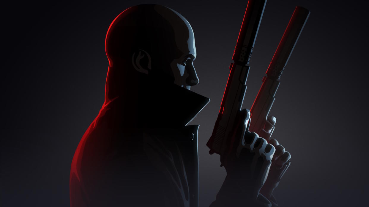  Hitman 3 VR: Reloaded key art - profile of Agent 47 holding two Silverballers. 