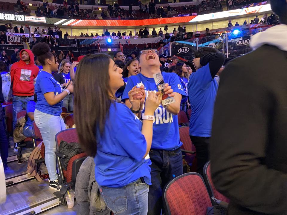 Chicago Scholars celebrate Team LeBron's victory. (Henry Bushnell/Yahoo Sports)