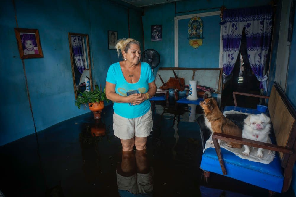 A woman looks at her dogs sitting on a sofa, as she stands inside her home that was flooded in the passing of Hurricane Helene, in Batabano, Mayabeque province, Cuba, on Sept. 26.<span class="copyright">Ramon Espinosa—AP</span>