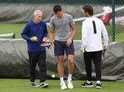 Britain Tennis - Wimbledon Preview - All England Lawn Tennis & Croquet Club, Wimbledon, England - 26/6/16 Canada's Milos Raonic and coach John McEnroe during practice Reuters / Paul Childs