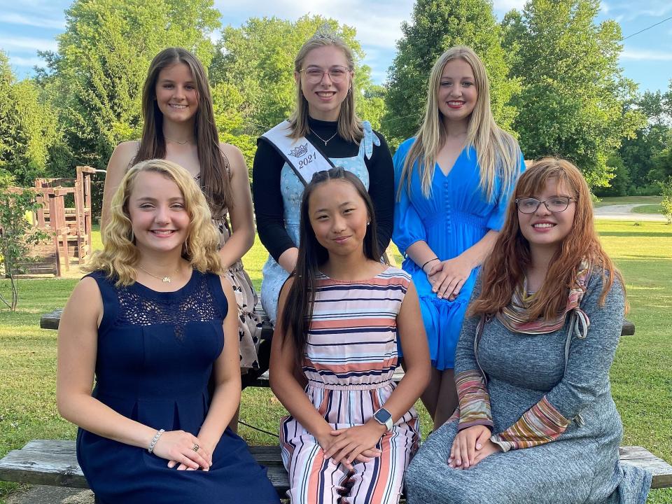 The young ladies vying for the title of 2022 Owen County Fair Princess include, front row, from left: Allyson Heidrich, Mia Rose Hess and Alexys Ingram. Back row: Taylor York, left, and Lola James, right. They are accompanied by 2021 Miss Owen County Princess Norah Beeman.