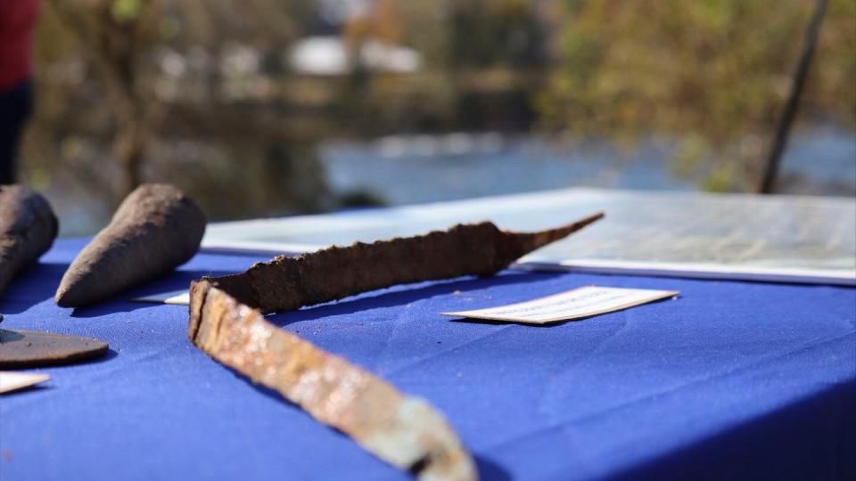 A Confederate sword blade is displayed at a press conference celebrating the early completion of the Congaree River cleanup on Monday, Nov. 13, 2023 in Columbia, S.C. (James Pollard/AP)