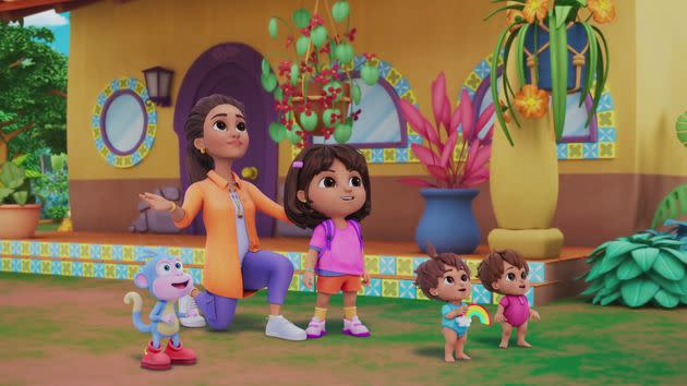 (L to R) Asher Colton Spence as the voice of Boots, Kathleen Herles as the voice of Mami, Diana Zermeno as the voice of Dora and Isabella and Donovan Monzon-Sanders as the voice of Guillermo in 