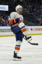 New York Islanders defenseman Ryan Pulock (6) celebrates his goal against the Tampa Bay Lightning during the third period in Game 1 of an NHL hockey Stanley Cup semifinal playoff series Sunday, June 13, 2021, in Tampa, Fla. (AP Photo/Chris O'Meara)