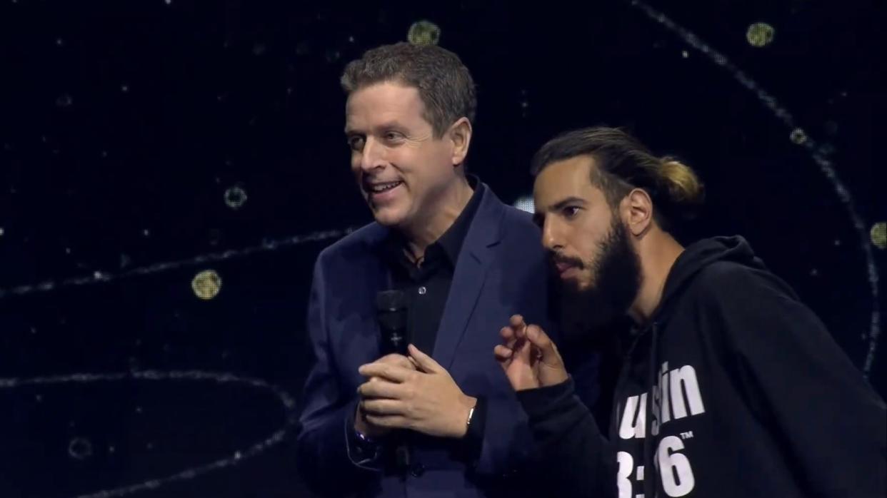  A stage invader and Geoff Keighley on stage at Gamescom Opening Night Live 2023 