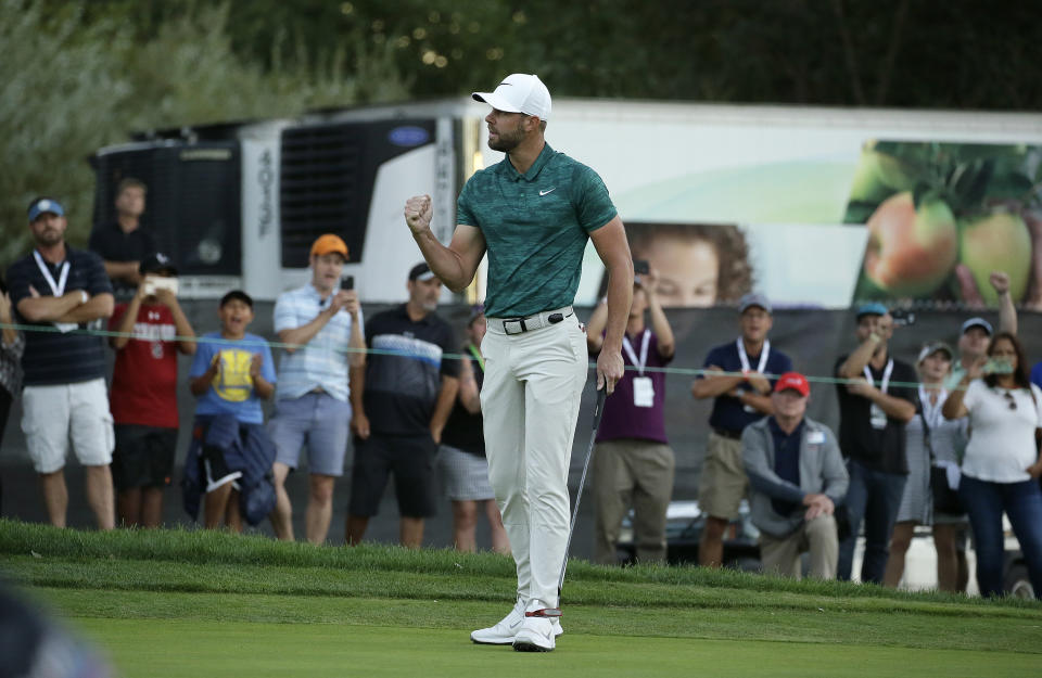 Kevin Tway reacts after making a birdie putt on the third playoff hole to win the Safeway Open PGA golf tournament Sunday, Oct. 7, 2018, in Napa, Calif. (AP Photo/Eric Risberg)