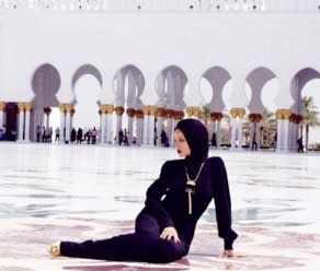 Rihanna poses in front of Abu Dhabi's Grand Mosque in the United Arab Emirates. Picture: AP/via Instagram