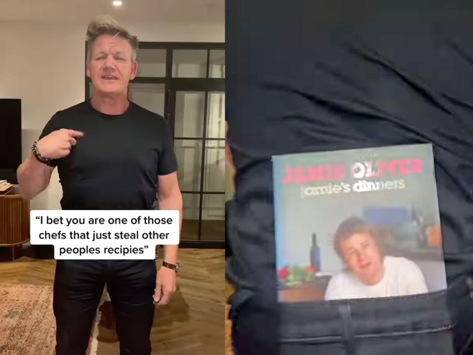 side-by-side screenshot images of the tiktok video showing gordon ramsay pointing towards himself behind text that reads "i bet you're one of those chefs that just steal other people's recipes" and an image of Jamie Oliver's cookbook in his pants.