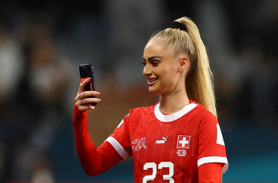 Soccer Football - FIFA Women’s World Cup Australia and New Zealand 2023 - Group A - Switzerland v New Zealand - Forsyth Barr Stadium, Dunedin, New Zealand - July 30, 2023 Switzerland's Alisha Lehmann celebrates after the match REUTERS/Molly Darlington