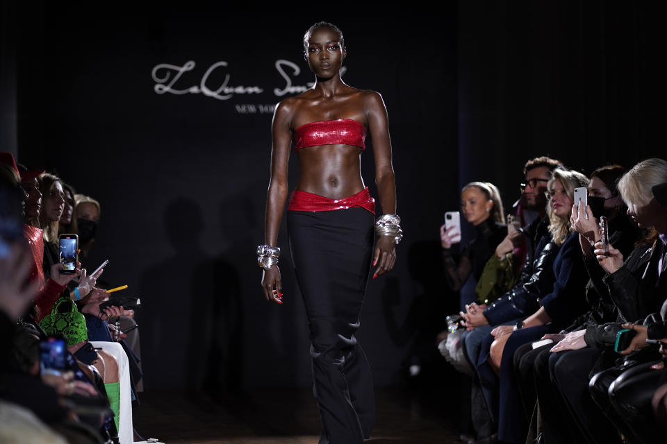 The LaQuan Smith Fall/Winter 2022 collection is modeled at 60 Pine Street during New York Fashion Week on Monday, Feb. 14, 2022, in New York. (Photo by Charles Sykes/Invision/AP)