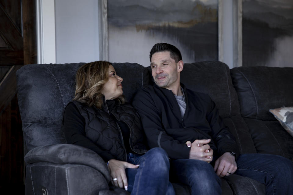 Karen and Anthony Sandone in their home on Feb. 25. Anthony Sandone was diagnosed with early-onset Alzheimer’s disease in October 2023. (Rachel Wisniewski for The Washington Post)