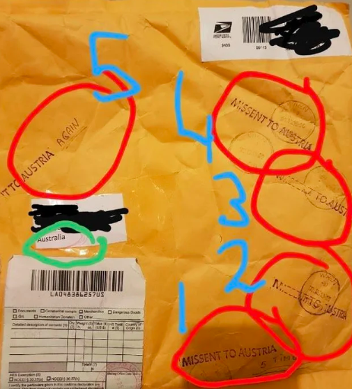 The five separate stamps are circled in the image, with “AGAIN” written next to the fifth “Missent to Austria” stamp. Source: Reddit