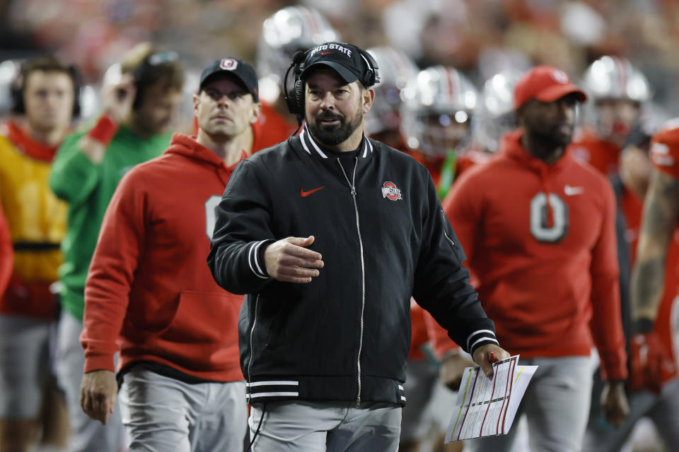 Ohio State head coach Ryan Day walks the sidelines during their NCAA college football game against Minnesota Saturday, Nov. 18, 2023, in Columbus, Ohio. (AP Photo/Jay LaPrete)