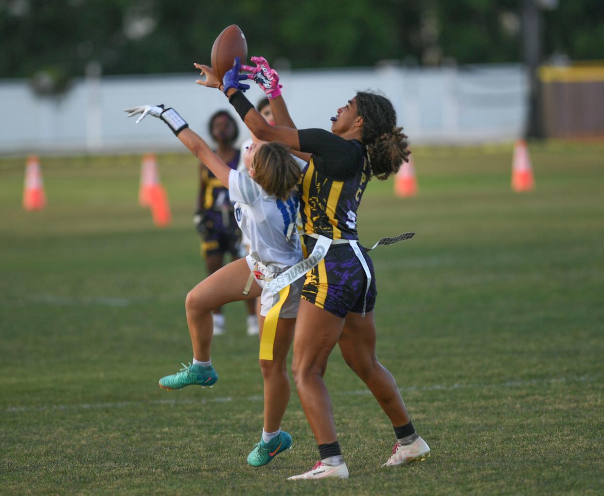 Fort Pierce Central High School hosts their girl’s flag football Class 2A tournament game against Wellington on Friday, May 3, 2024, in Fort Pierce. Wellington won 12-7.