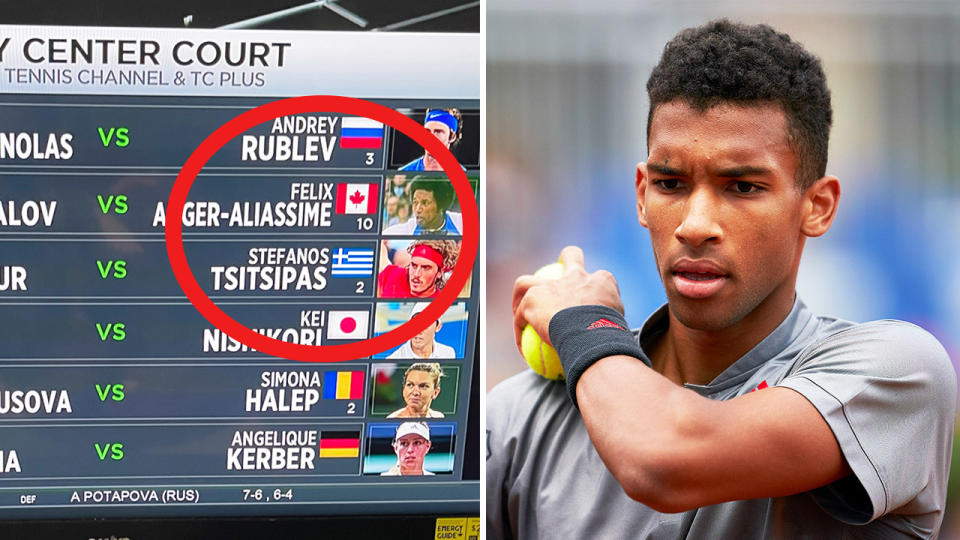 'Tennis Channel' appeared to make a mistake (pictured left) in a graphic and Felix Auger-Aliassime (pictured right) during a match.