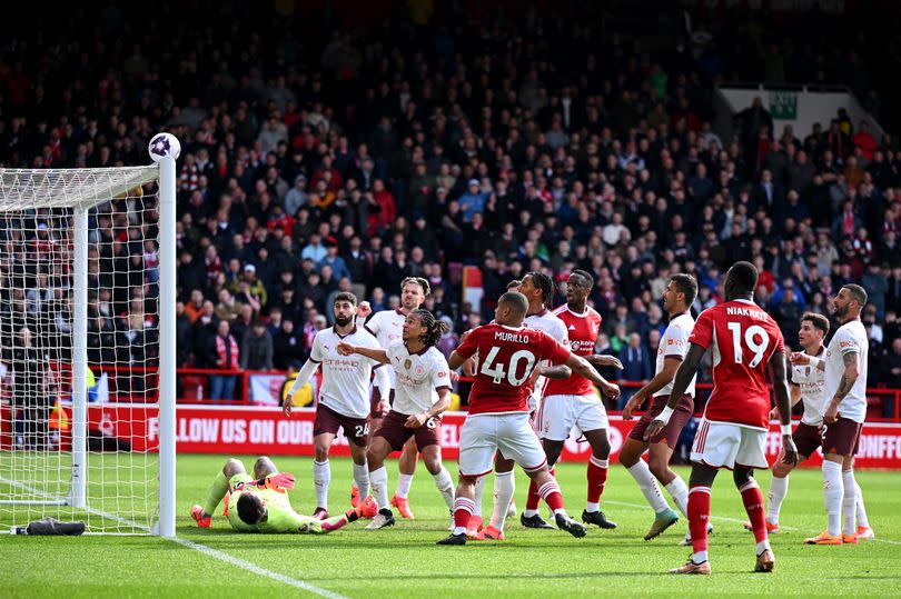 Murillo goes close for Nottingham Forest against Manchester City as Willy Boly and Moussa Niakhate look on