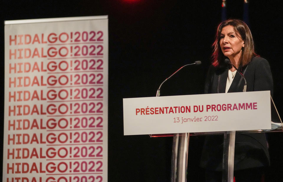 French Socialist Party presidential candidate for the 2022 election Anne Hidalgo speaks during a media conference in Paris, Thursday, Jan. 13, 2022. Hidalgo unveiled to the media her program for the upcoming presidential election in April. (AP Photo/Michel Euler)