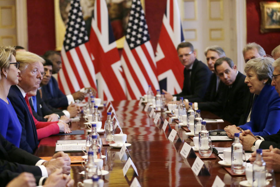 <p> U.S President Donald Trump, center left, and British Prime Minister Theresa May, center right, attend a business roundtable event at St. James's Palace, London, Tuesday June 4, 2019. (AP Photo/Tim Ireland) </p>