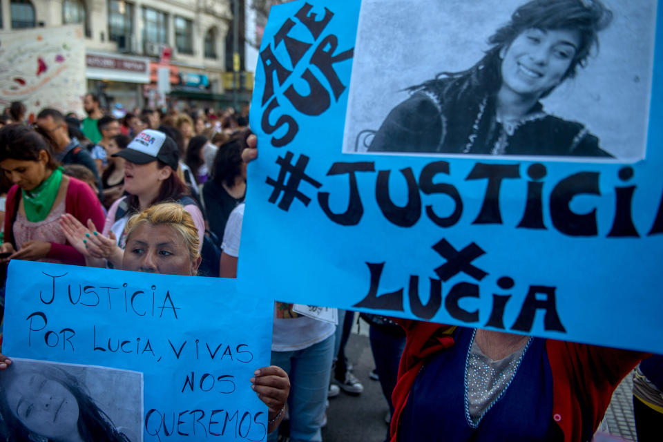 Women hold banners during a protest as part of the "Not One Less" (Ni Una Menos) movement demanding justice for the femicide of Lucia Perez on Dec. 5, 2018 in Buenos Aires, Argentina. (Photo: Patrick Haar via Getty Images)