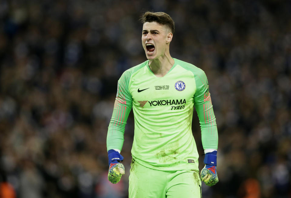 Chelsea goalkeeper Kepa Arrizabalaga reacts after stops a shot from Manchester City's Leroy Sane during a penalty shootout at the end of the English League Cup final soccer match between Chelsea and Manchester City at Wembley stadium in London, England, Sunday, Feb. 24, 2019. (AP Photo/Tim Ireland)