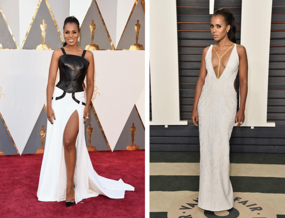 Before: Kerry Washington in a vampy Atelier Versace gown. After: The “Scandal” star slipped into something a little funkier for the Vanity Fair Oscar party.