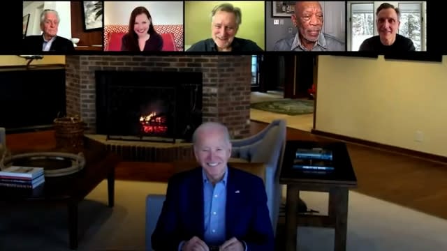 President Joe Biden in a Zoom call with Michael Douglas, Geena Davis, Bill Pullman, Morgan Freeman and Tony Goldwyn.