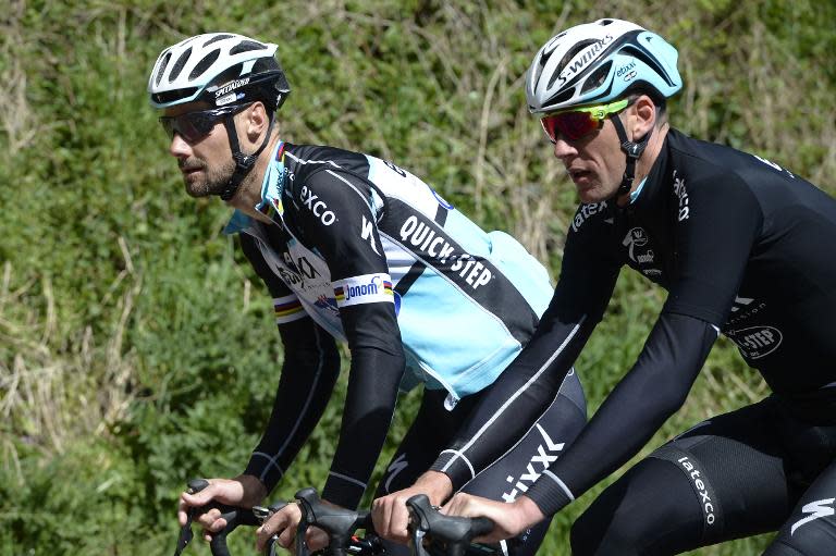 Belgians Tom Boonen and Stijn Vandenbergh of team Ettix - Quick-Step, seen on Cauberg hill in the Netherlands, during a track reconnaissance ahead of the Amstel Gold Race, on April 17, 2015