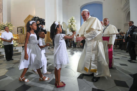 Pope Francis during a visit to the Sanctuary of St. Peter Claver, Cartagena, Colombia, 10 September 2017. REUTERS/Alessandro Di Meo/Pool