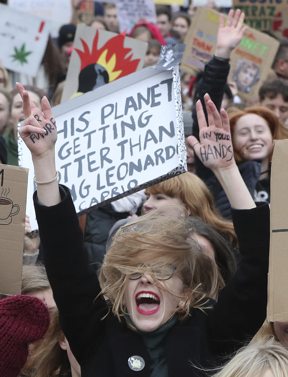 Young people take part in a demonstration against climate change during the Youth Climate Protest in Warsaw, Poland, Friday, Nov. 29, 2019.(AP Photo/Czarek Sokolowski)