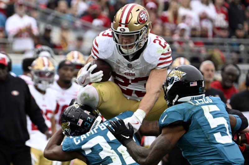 Running back Christian McCaffrey and the San Francisco 49ers will play the Green Bay Packers at 8:15 p.m. EST Saturday in Santa Clara, Calif. File Photo by Joe Marino/UPI