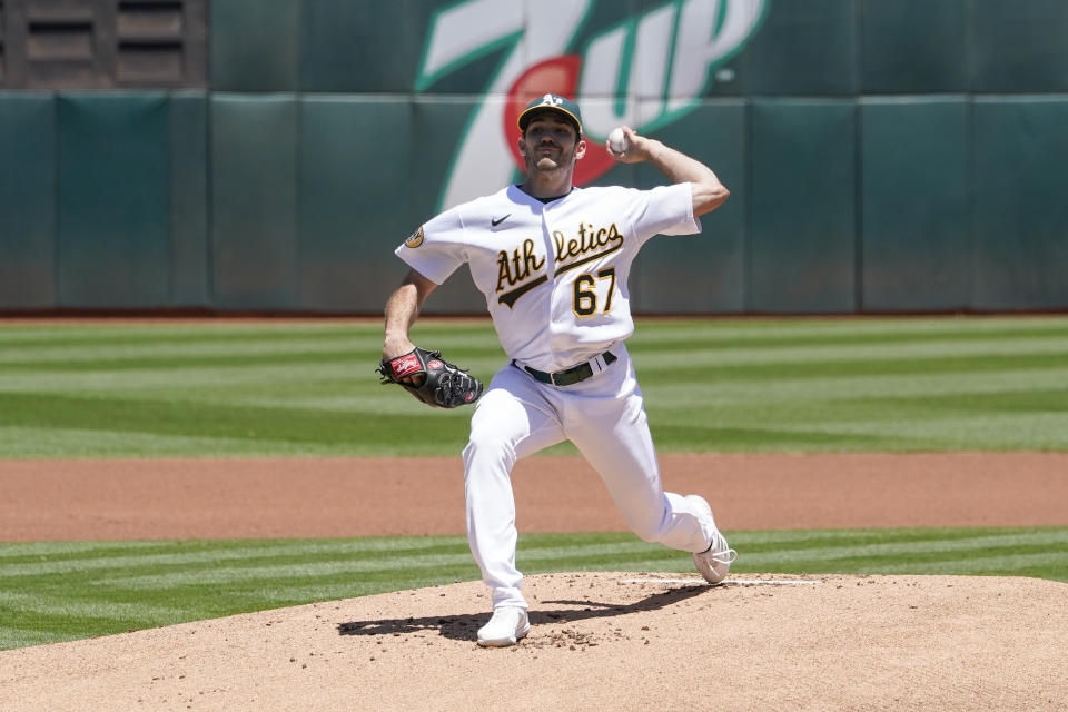 Oakland Athletics' Zach Logue (67) against the Houston Astros during the first inning of a baseball game in Oakland, Calif., Saturday, July 9, 2022. (AP Photo/Godofredo A. Vásquez)