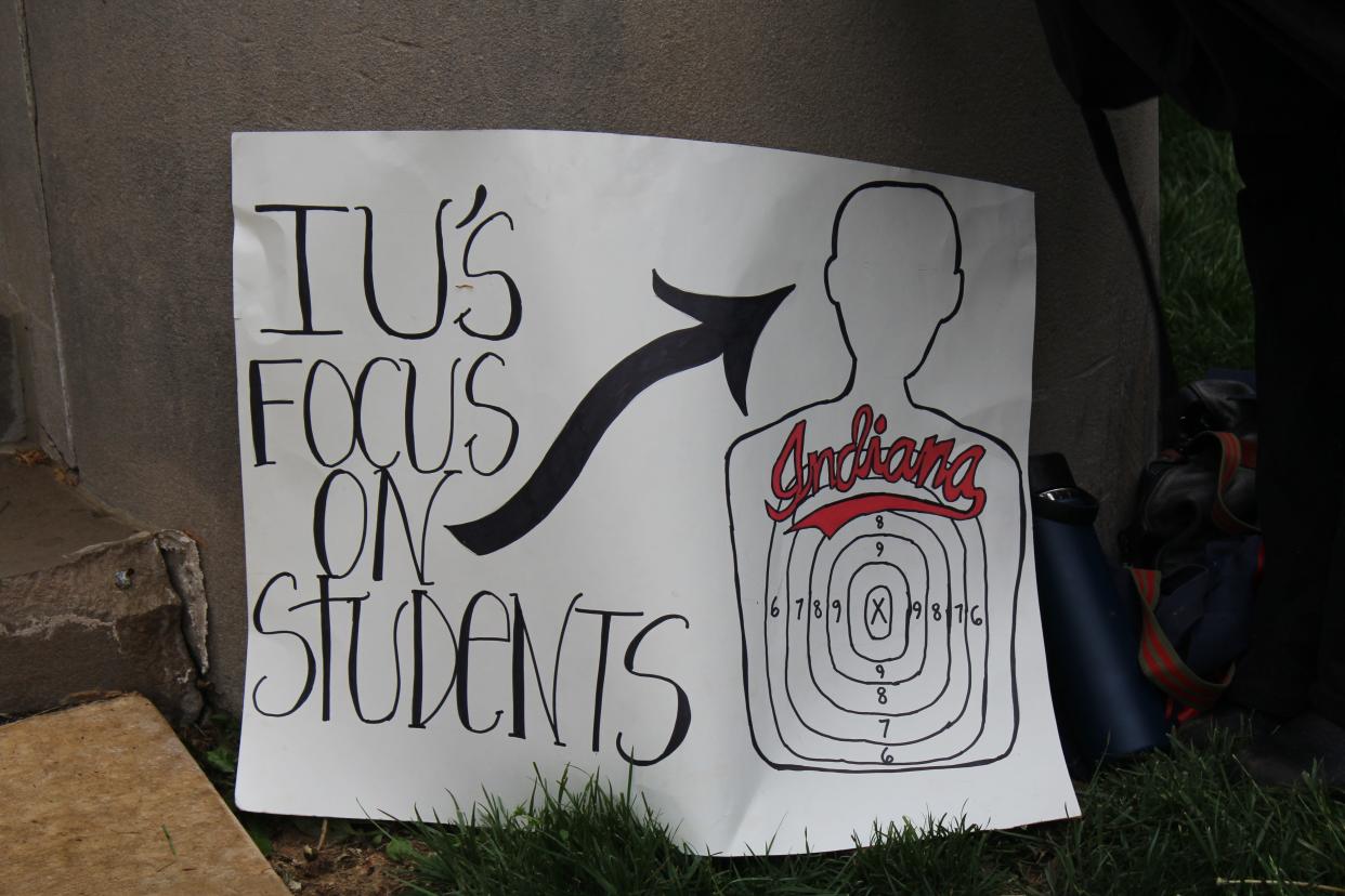 A sign seen at the protest outside of Bryan Hall on Monday, April 29.