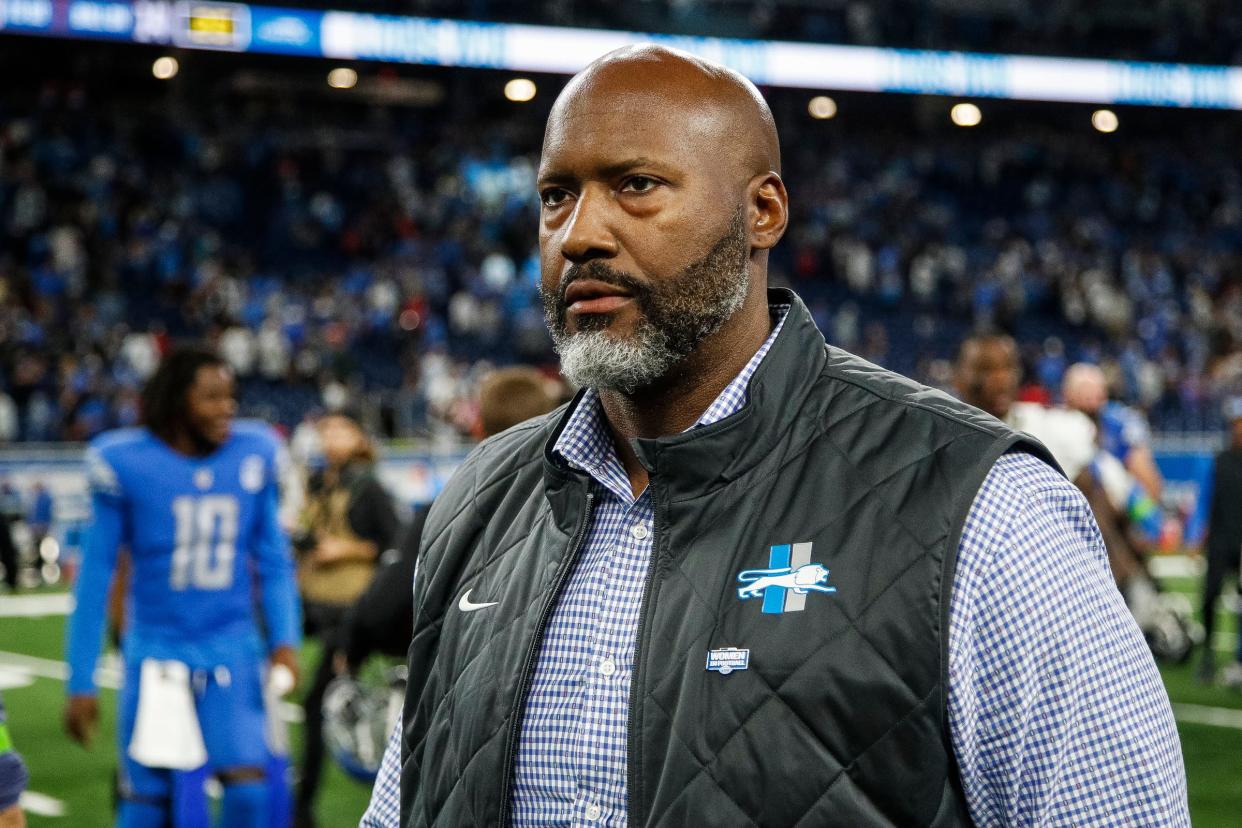 Detroit Lions general manager Brad Holmes walks off the field after the 20-6 win over the Atlanta Falcons at Ford Field in Detroit on Sunday, Sept. 24, 2023.