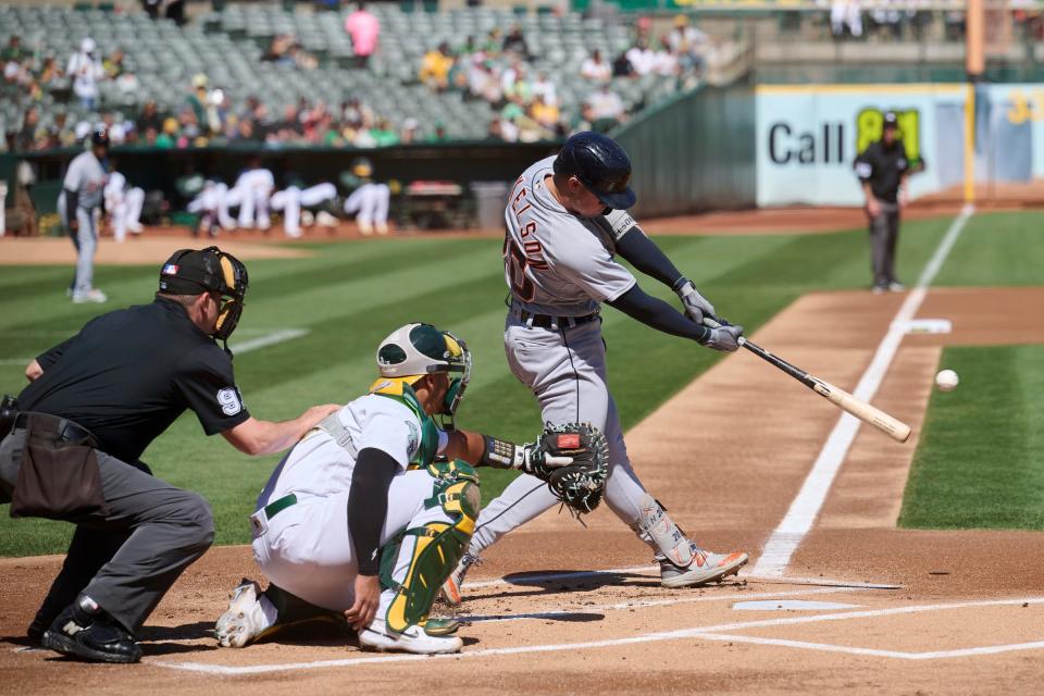 Tigers infielder Spencer Torkelson hits a single against the Athletics during the first inning on Sunday, Sept. 24, 2023, in Oakland, California.