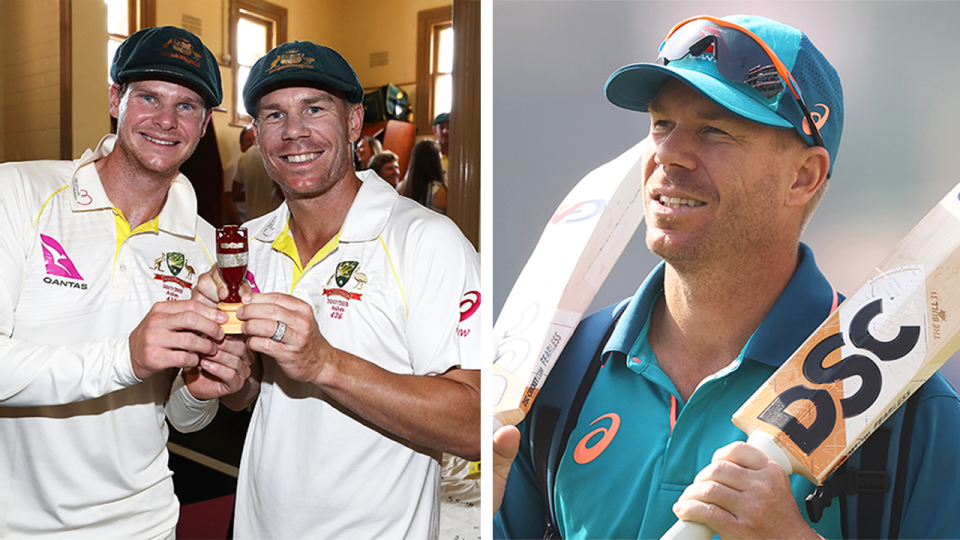 David Warner (pictured right) during training and (pictured left) Warner with Steve Smith after the Ashes.