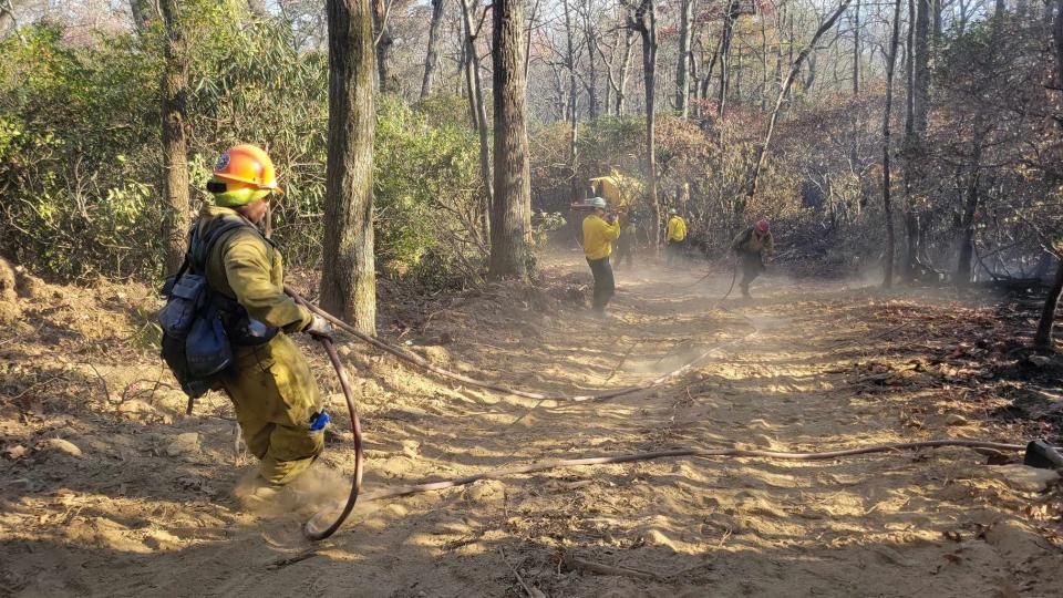 Firefighters put out hot spots in the Edneyville wildfire, called Poplar Drive Fire, on Nov. 8 near the top of Bald Top Mountain in Edneyville.