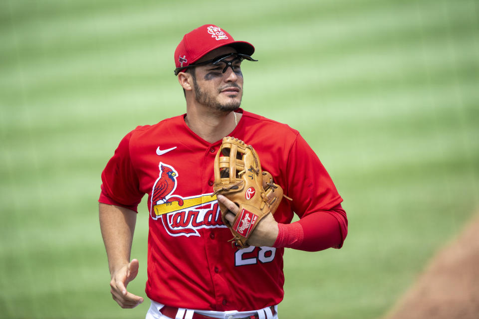 JUPITER, FL - MARCH 20: St. Louis Cardinals infielder Nolan Arenado (28) in action during an MLB spring training game between the Houston Astros and the St. Louis Cardinals at Roger Dean Stadium on March 20, 2021 in Jupiter, Florida. (Photo by Doug Murray/Icon Sportswire via Getty Images)