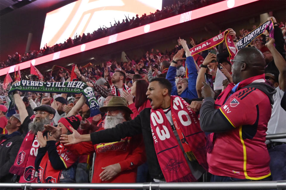 St. Louis City SC supporters react during the team's inaugural home match against Charlotte FC at CITYPARK on March 4, 2023 in St. Louis. (Jeff Curry-USA TODAY Sports)