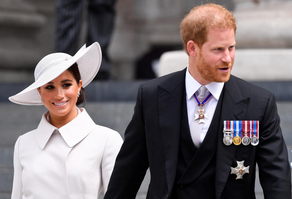 The Duke and Duchess of Sussex leaving following the National Service of Thanksgiving at St Paul's Cathedral, London, on day two of the Platinum Jubilee celebrations for Queen Elizabeth II. Picture date: Friday June 3, 2022.