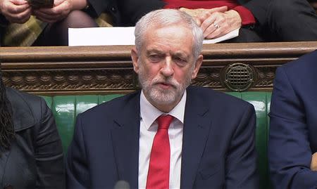 Jeremy Corbyn, the leader of the Labour Party, reacts during Prime Minister's Questions in the House of Commons, London, Britain, December 19, 2018. Parliament TV handout via REUTERS