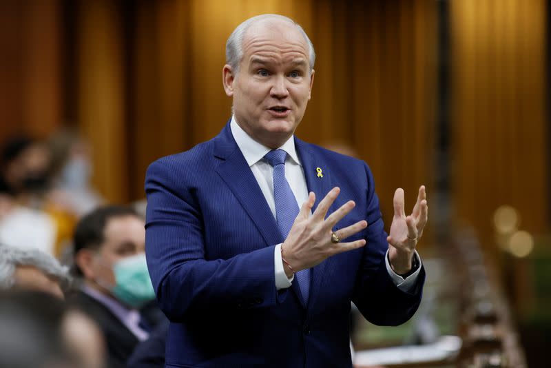 Canada's Conservative Party leader Erin O'Toole speaks during Question Period in the House of Commons on Parliament Hill in Ottawa