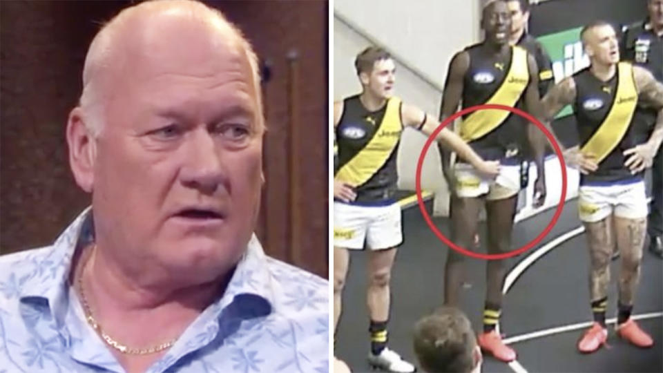 A 50-50 split image shows Mark Maclure on the left, and a screenshot of Richmond Tigers players groping a teammate on the right.