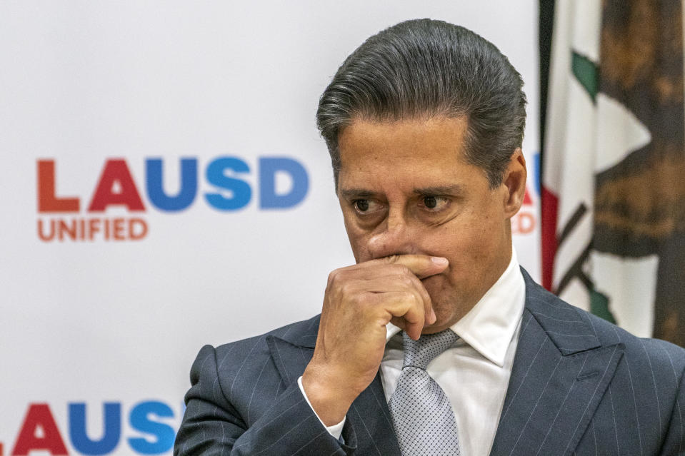 Alberto Carvalho, Superintendent, Los Angeles Unified School District, the nation's second-largest school district, takes questions from the media about an external cyberattack on the LAUSD information systems during the Labor Day weekend, at a news conference in Los Angeles Tuesday, Sept. 6, 2022. (AP Photo/Damian Dovarganes)