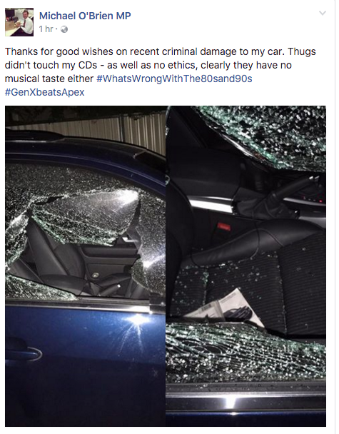 Liberal MP Michael O'Brien shared his damage on social media. Source: Facebook