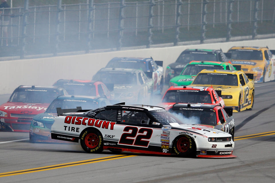 TALLADEGA, AL - MAY 05: Brad Keselowski, driver of the #22 Discount Tire Dodge, spins out during the NASCAR Nationwide Series Aaron's 312 at Talladega Superspeedway on May 5, 2012 in Talladega, Alabama. (Photo by Chris Graythen/Getty Images for NASCAR)