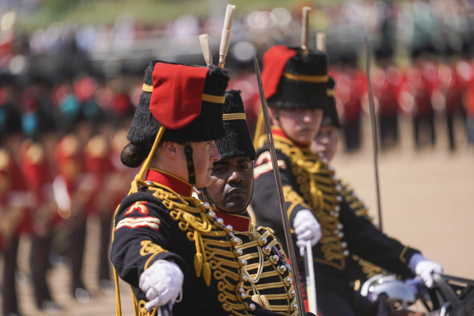 Soldiers attend the Colonel's Review, the final rehearsal of the Trooping the Colour, the King's annual birthday parade, at Horse Guards Parade in London, Saturday, June 10, 2023. (AP Photo/Alberto Pezzali)