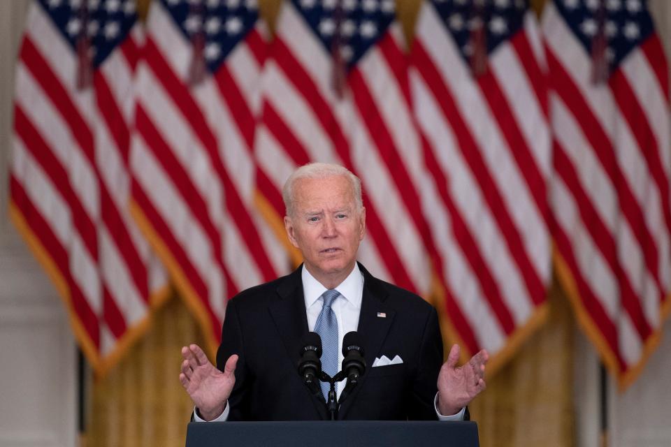 US President Joe Biden speaks about the Taliban's takeover of Afghanistan from the East Room of the White House August 16, 2021, in Washington, DC. - President Joe Biden broke his silence Monday on the US fiasco in Afghanistan with his address to the nation from the White House, as a lightning Taliban victory sent the Democrat's domestic political fortunes reeling. (Photo by Brendan Smialowski / AFP) (Photo by BRENDAN SMIALOWSKI/AFP via Getty Images)