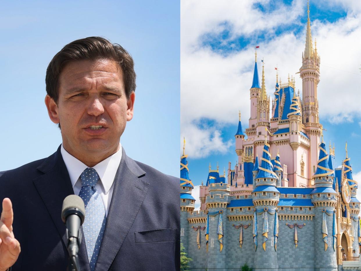 A composite of Ron DeSantis speaking into a microphone with his hand raised for emphasis and Cinderella Castle in Walt Disney World.