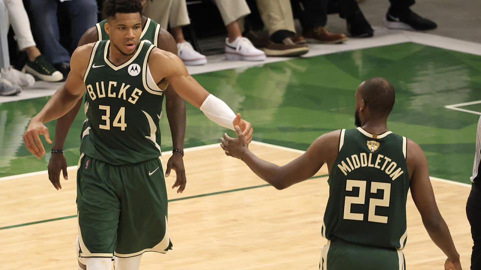 The Bucks rode an all-time game from Giannis Antetokounmpo and and improved showing from Khris Middleton to a game three win in the NBA Finals. (Photo by Justin Casterline/Getty Images)