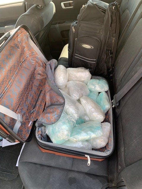 A state trooper found multiple plastic-wrapped bundles of methamphetamine in luggage in the back seat and inside the center console of a 2010 Honda Pilot, which had been traveling east on I-40 near Conway on Thursday.